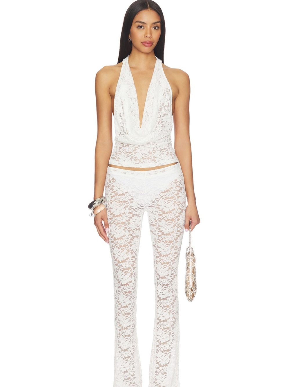 superdown White Lace Halter Jumpsuit with Flared Pants